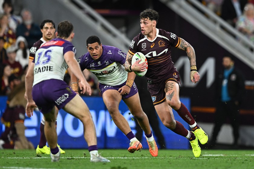Jordan Riki in action against the Storm in Brisbane's Round 27 win.