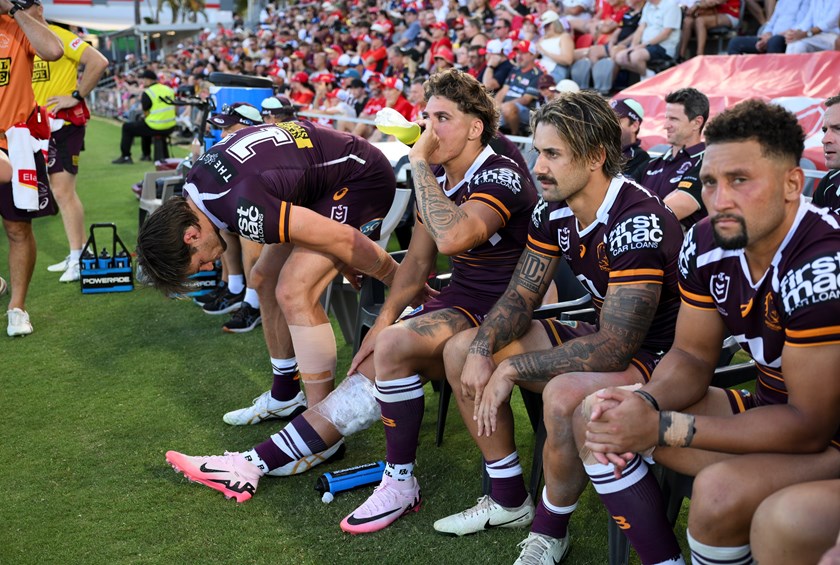 Reece Walsh with ice on his knee after coming off the field in Brisbane's Pre-Season Challenge win over the Bulldogs.