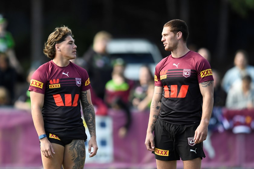 Reece Walsh and Kalyn Ponga at Maroons training in 2024.
