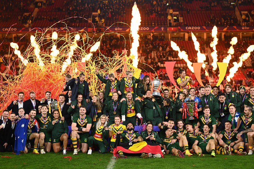 The Australian teams celebrate their Rugby League World Cup wins.