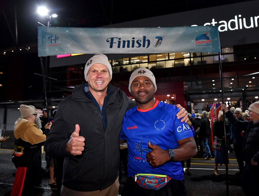 Akuila Uate was on hand to see Lee break his record, along with Paul Harragon, after completing the Big Three Trek to raise funds for the Mark Hughes Foundation.