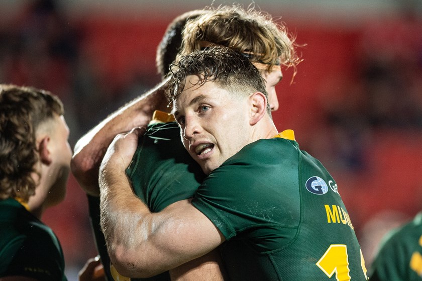 Cameron Murray celebrates a try during the World Cup in 2022.