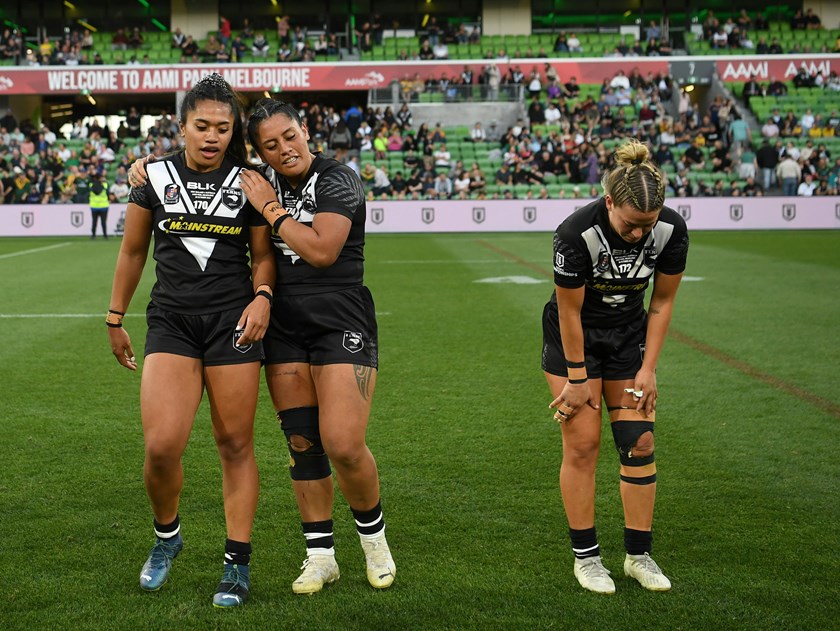 Najvada George and Wests Tigers team-mate Leianne Tufuga celebrate the Kiwis Ferns defeat of the Jillaroos 