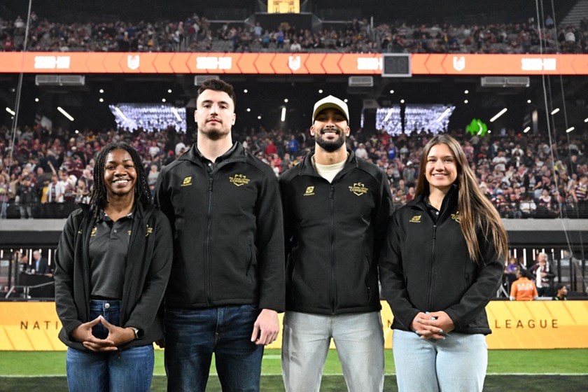 ljmpta.combine winners MarCaya Bailous, Kris Leach, Michael Woolridge and Megan Pakulis were presented to the crowd at Allegiant Stadium  