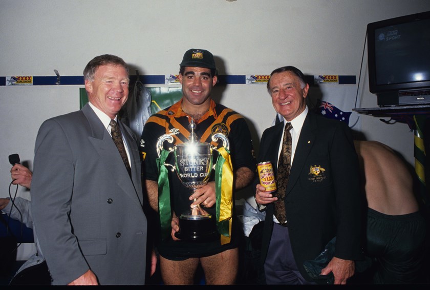 Mal Meninga, Bob Fulton and Ken Arthurson with the Ashes trophy after the now Kangaroos coach led Australia to victory in the 1992 series.