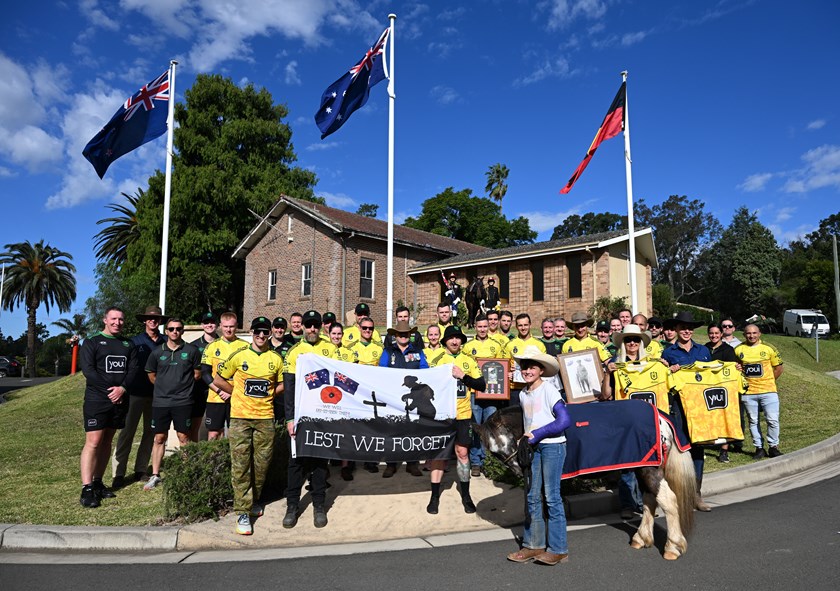 NRL match officials at an ANZAC Day commemoration at RSL Lifecare's Spur Ranch.