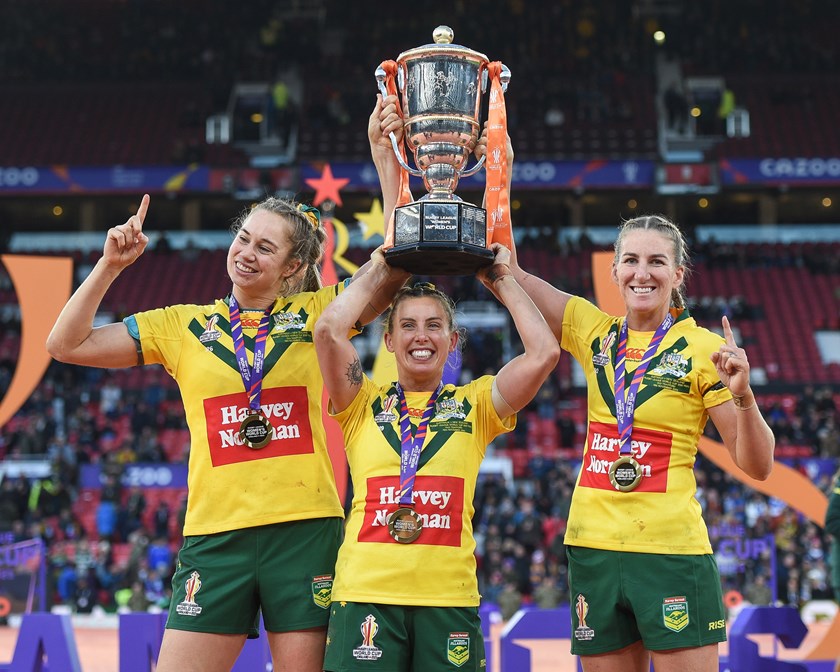 Kezie Apps, Sam Bremner and Ali Brigginshaw after leading the Jillaroos to World Cup victory in 2022.