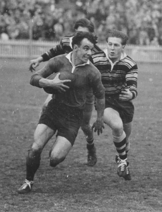 Clive Churchill playing for Souths against Balmain in 1949.